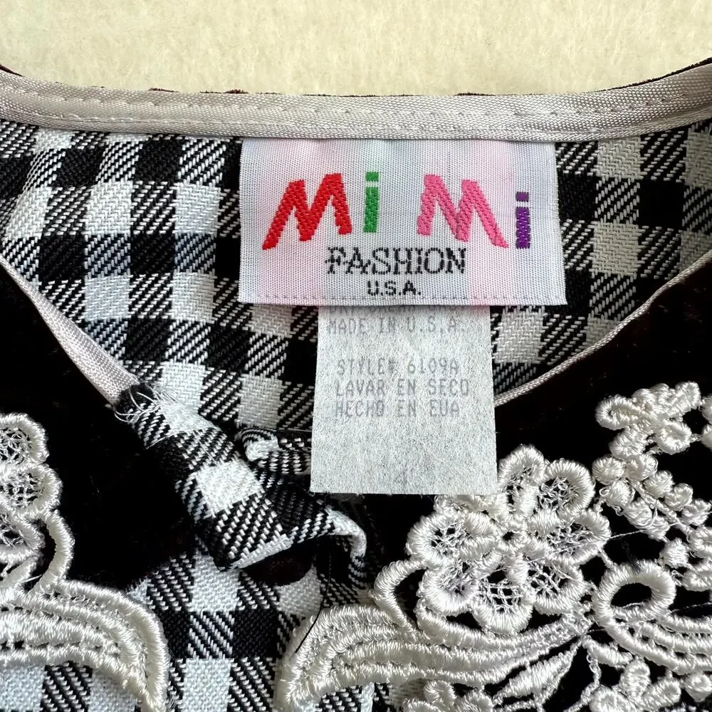 Vintage 90s MiMi Fashion Dress & Hat Set Girl 4T Gingham Check Lace Collar Bow